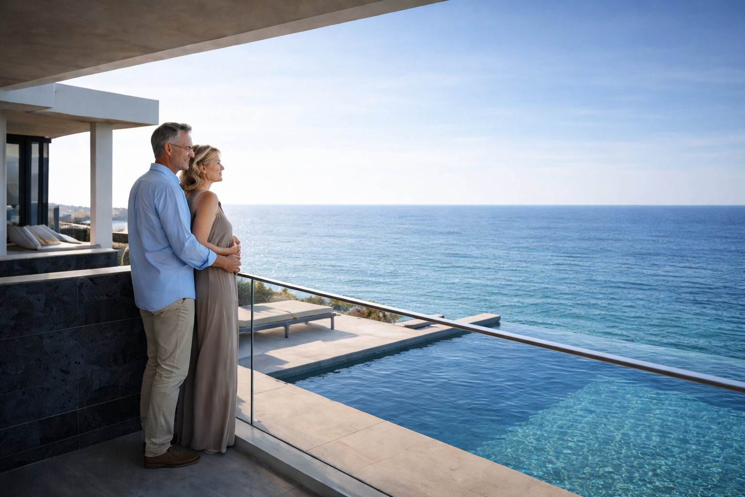Paar genießt Meerblick von Luxusvilla